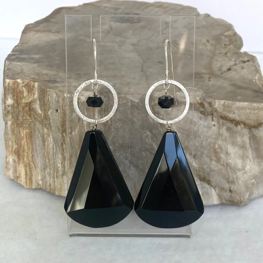 Deb Guyot Sterling Silver 925 Faceted Teardrop Black Tourmaline Dangle Earrings